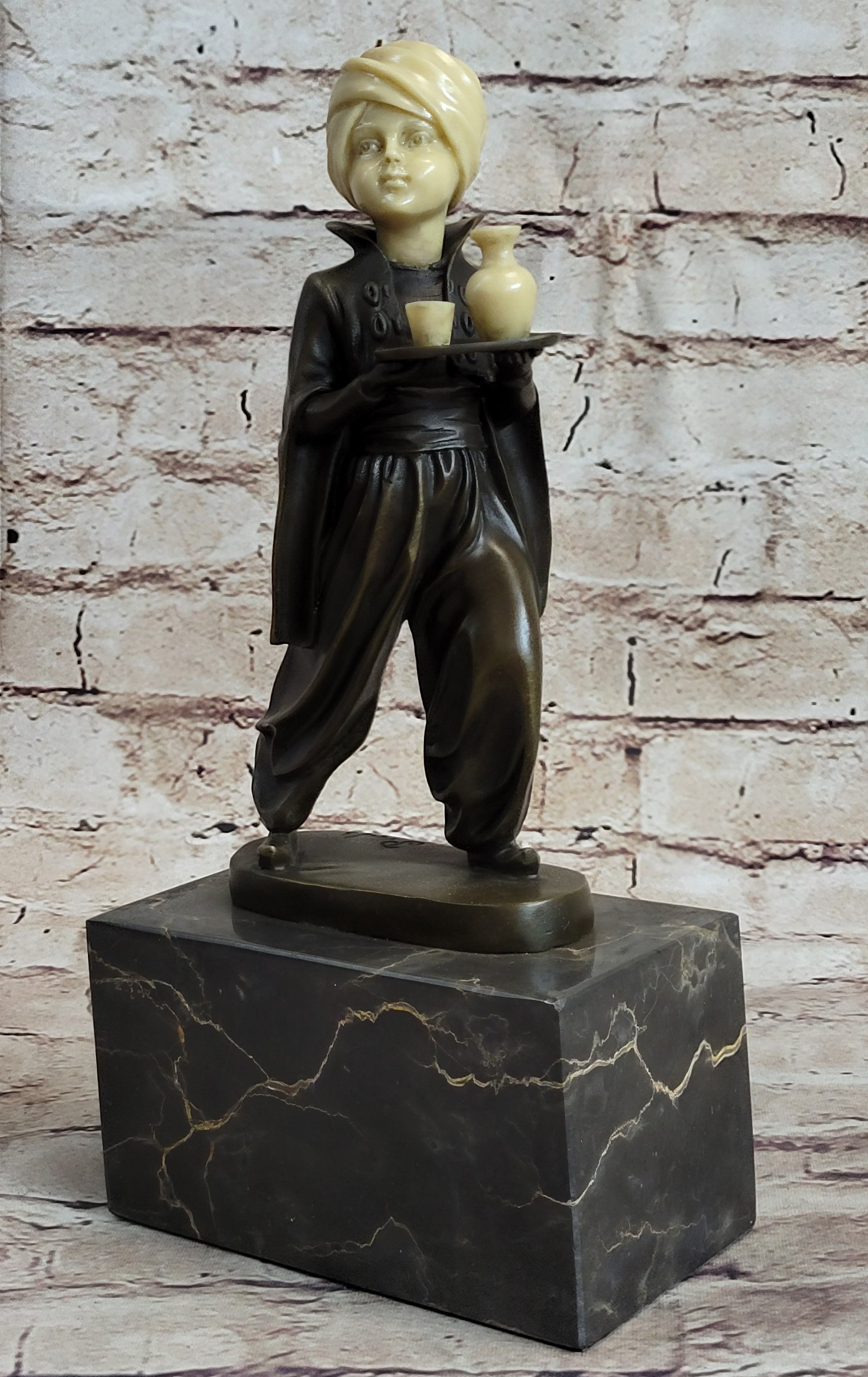 Young Arab or Indian Servant Boy in Turban Bronze Sculpture