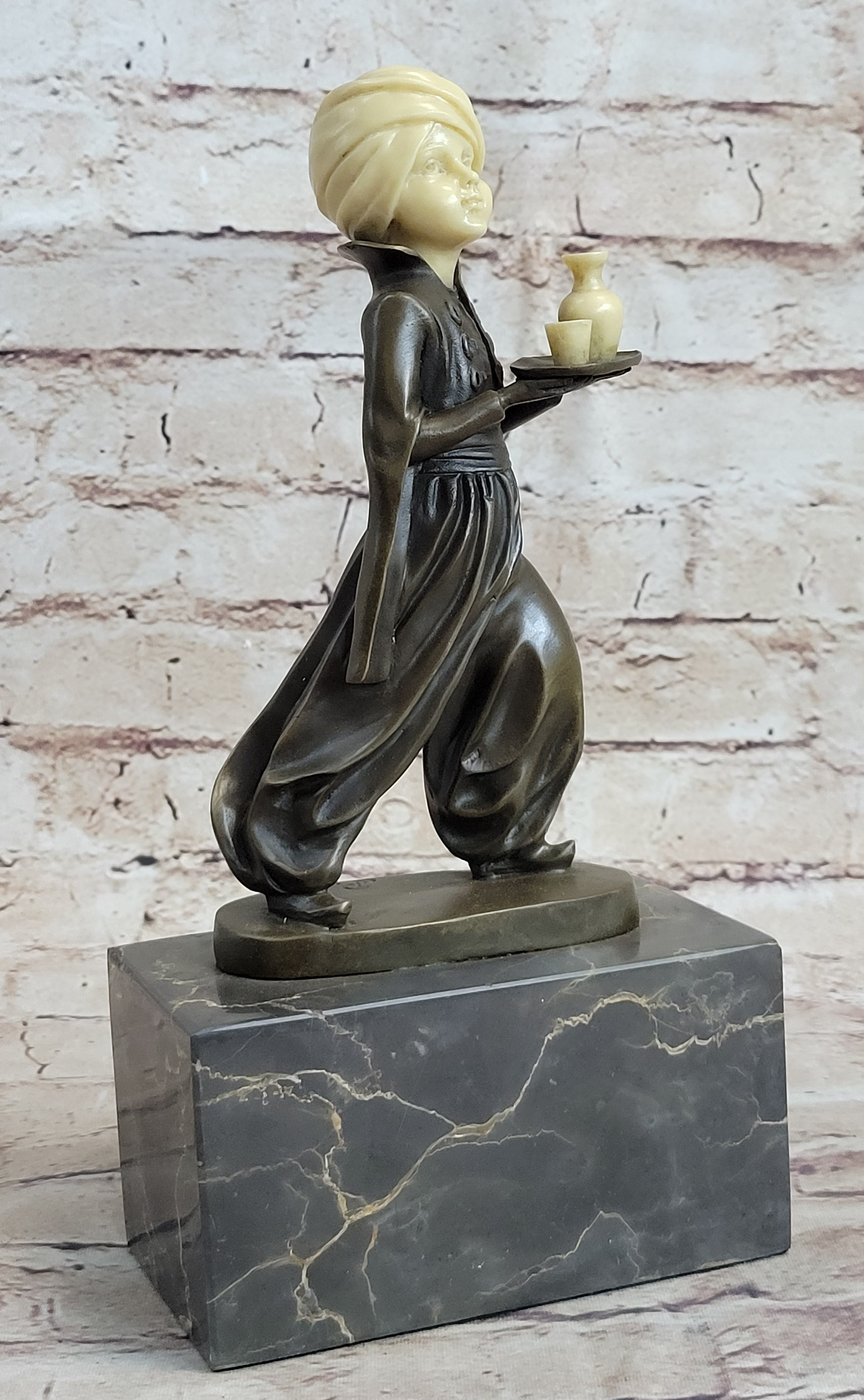 Young Arab or Indian Servant Boy in Turban Bronze Sculpture