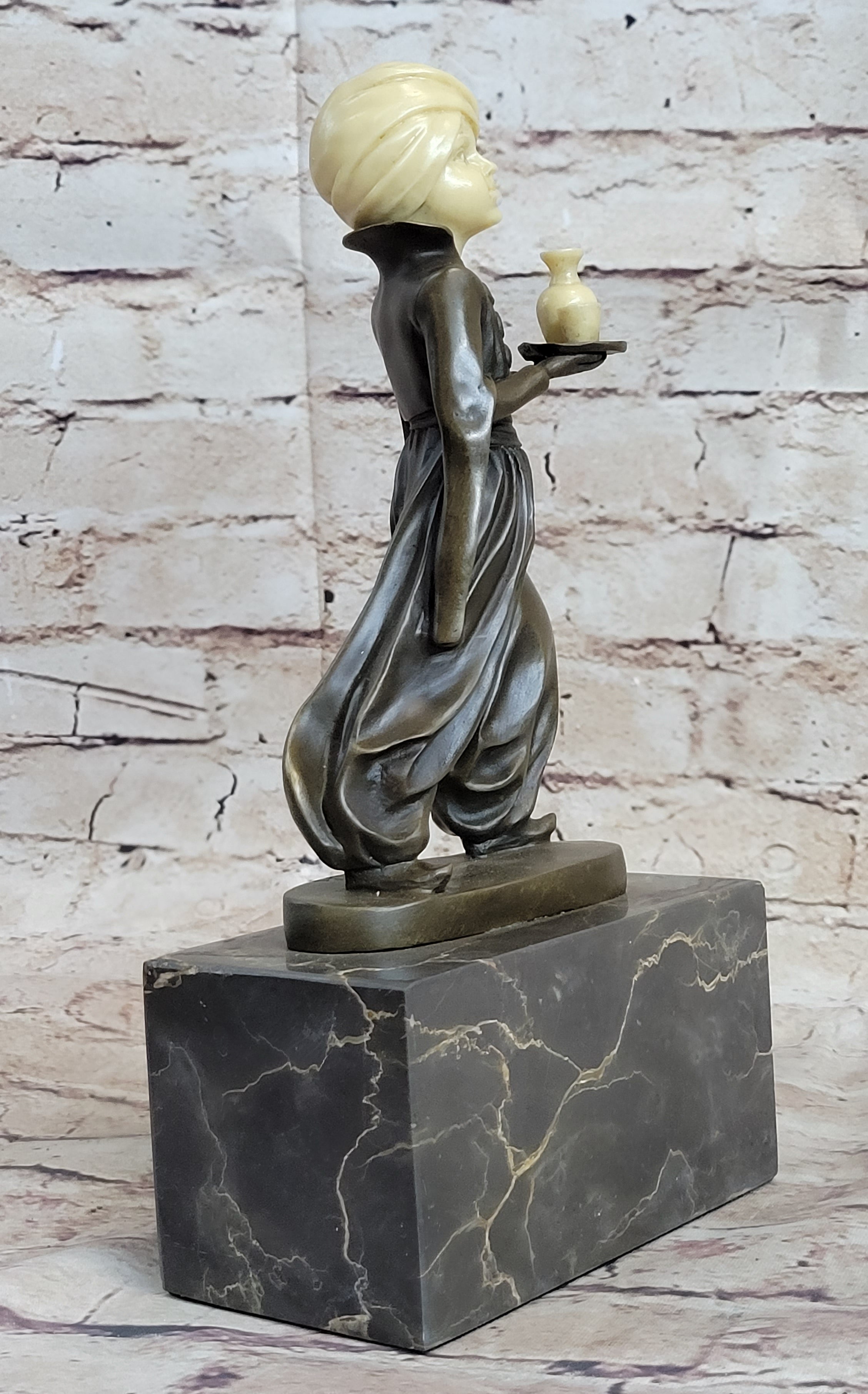 Young Arab or Indian Servant Boy in Turban Bronze Sculpture