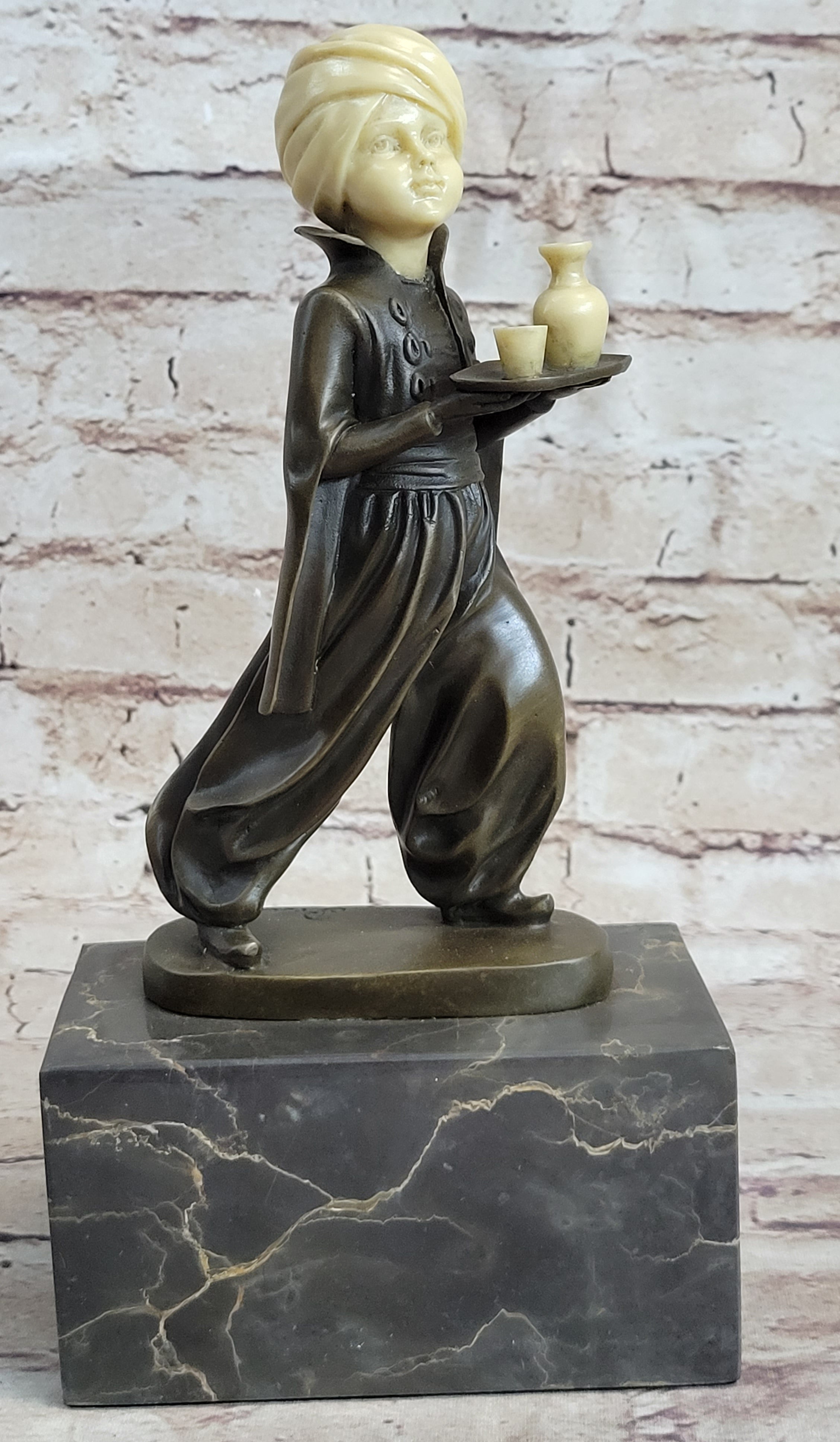 Young Arab or Indian Servant Boy in Turban Bronze Sculpture