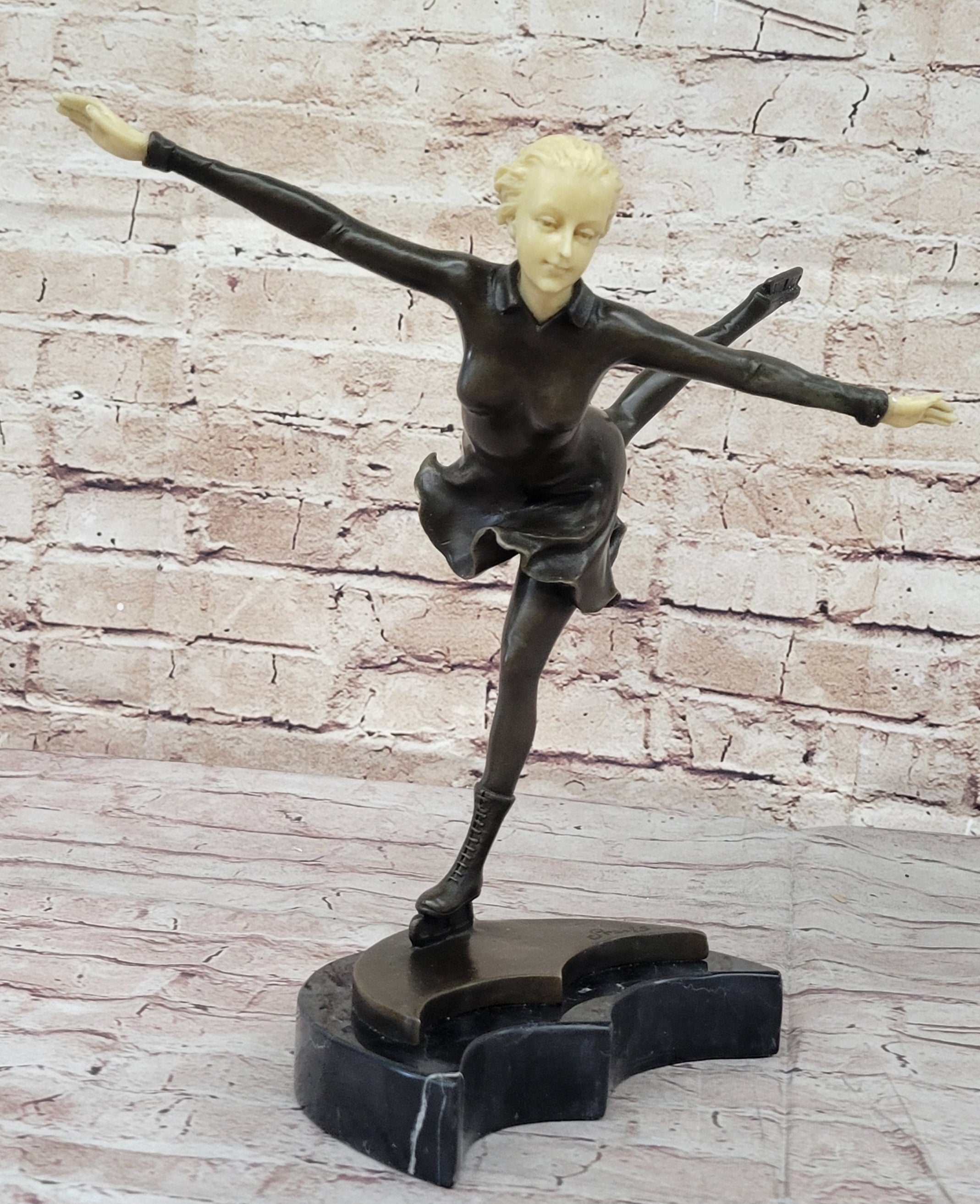 Ice Skater Hot Cast Bronze Female on Marble Base