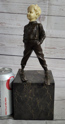 Little Boy on Skis Bronze Sculpture on Marble Base
