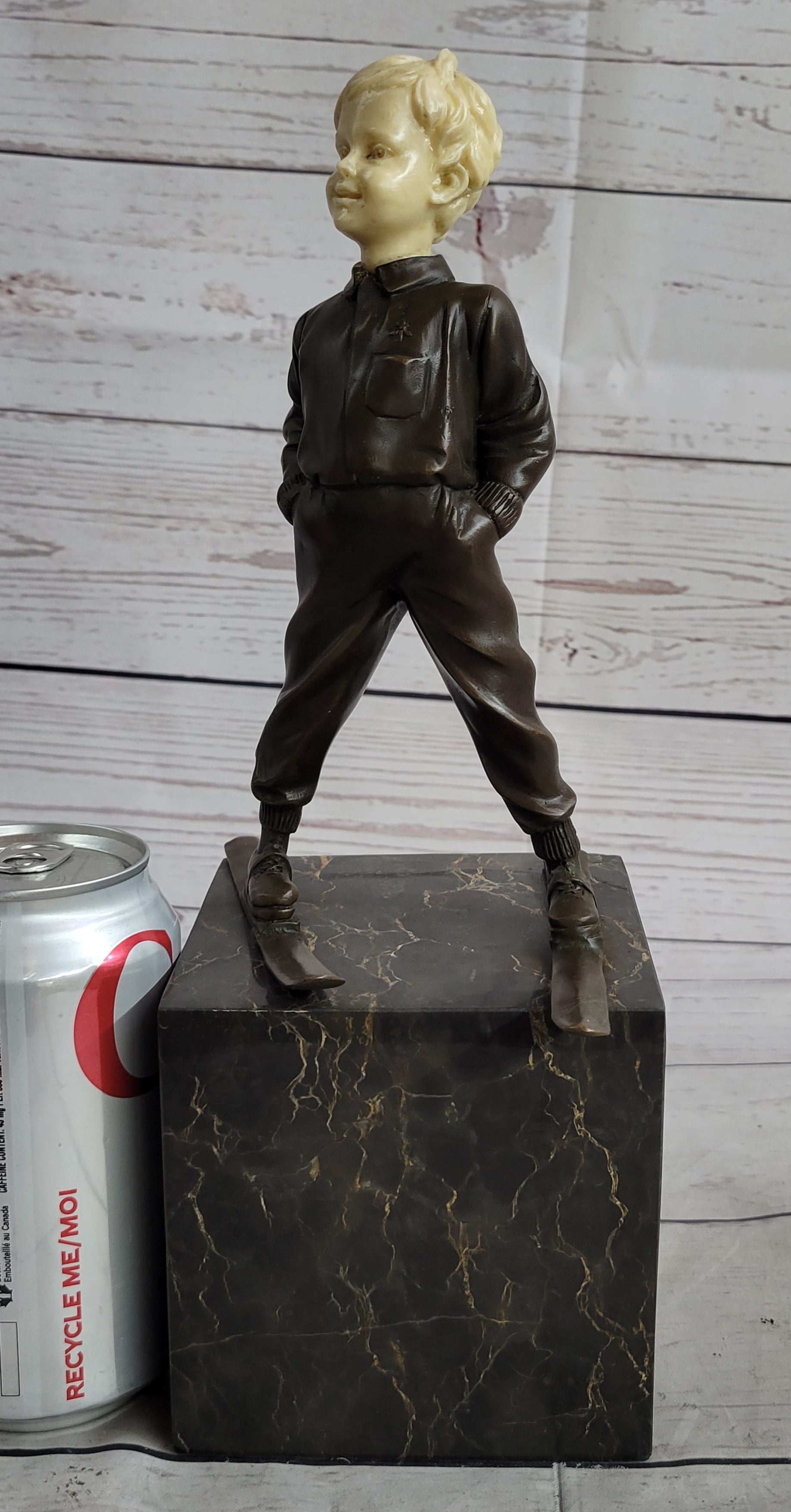 Little Boy on Skis Bronze Sculpture on Marble Base