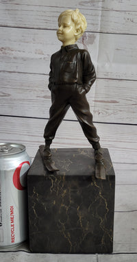 Little Boy on Skis Bronze Sculpture on Marble Base