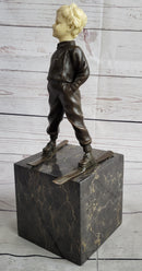 Little Boy on Skis Bronze Sculpture on Marble Base
