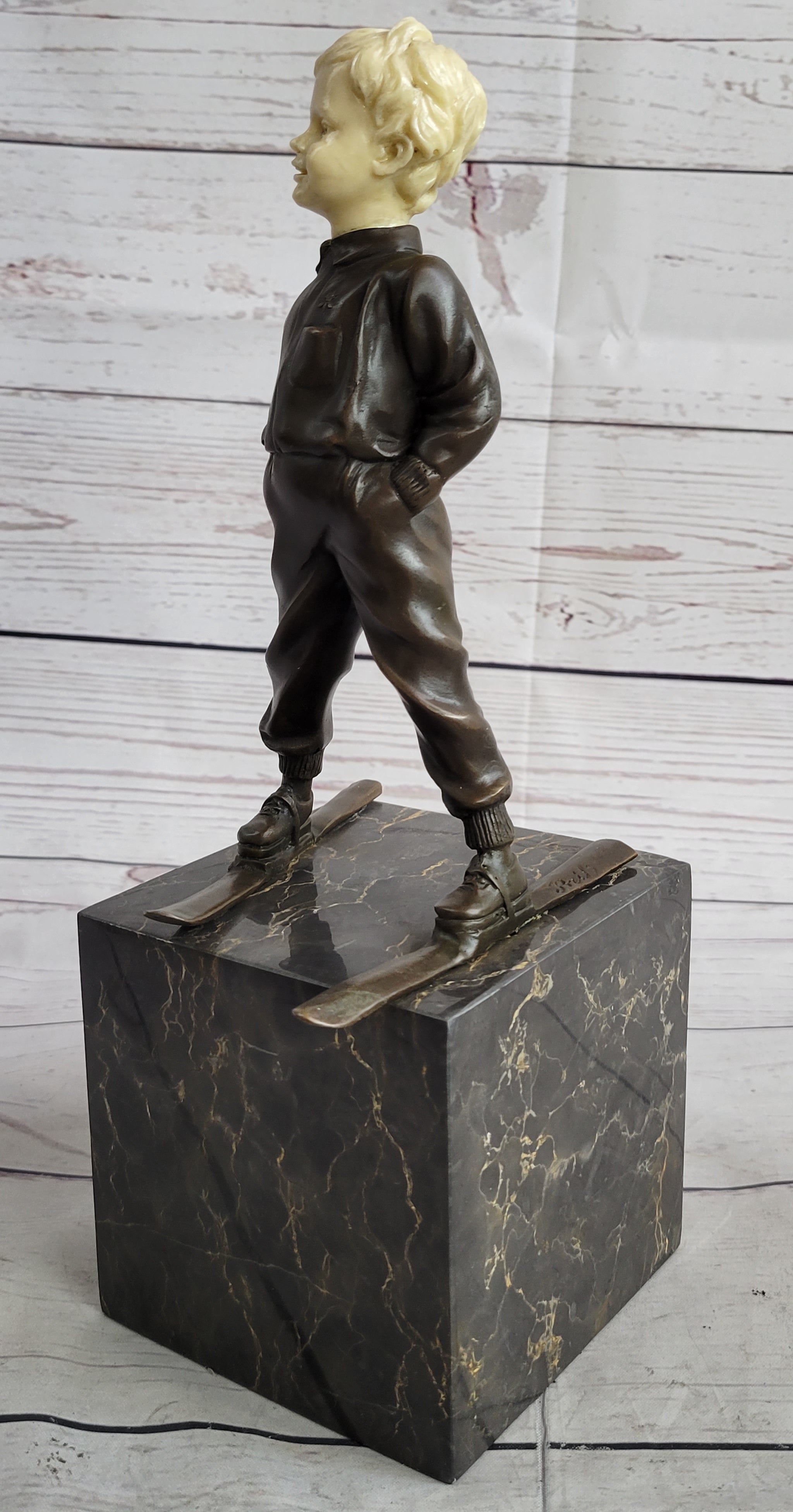 Little Boy on Skis Bronze Sculpture on Marble Base