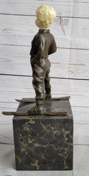 Little Boy on Skis Bronze Sculpture on Marble Base