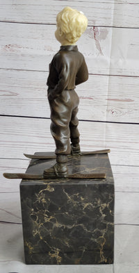 Little Boy on Skis Bronze Sculpture on Marble Base