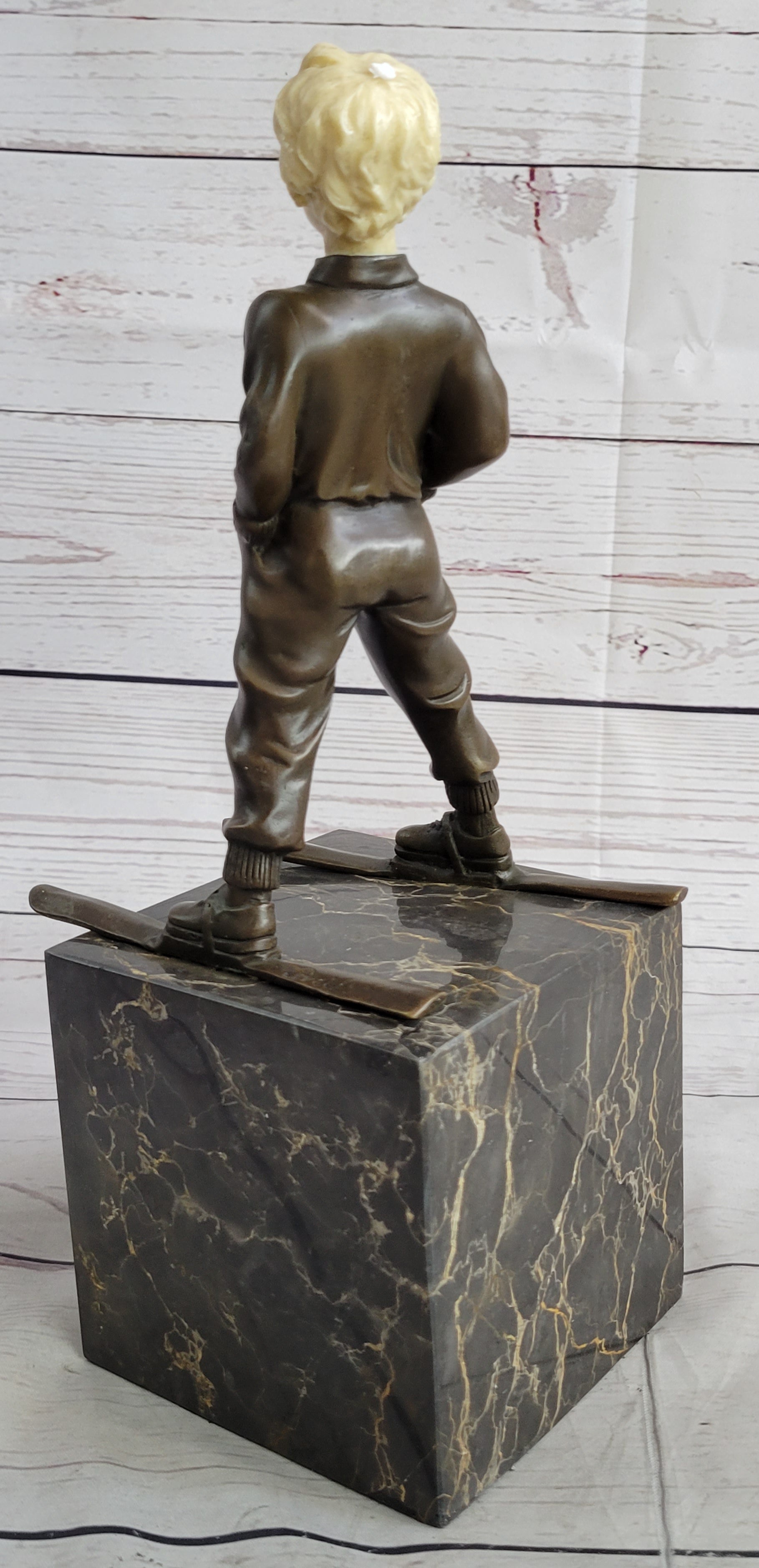 Little Boy on Skis Bronze Sculpture on Marble Base