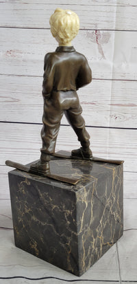 Little Boy on Skis Bronze Sculpture on Marble Base