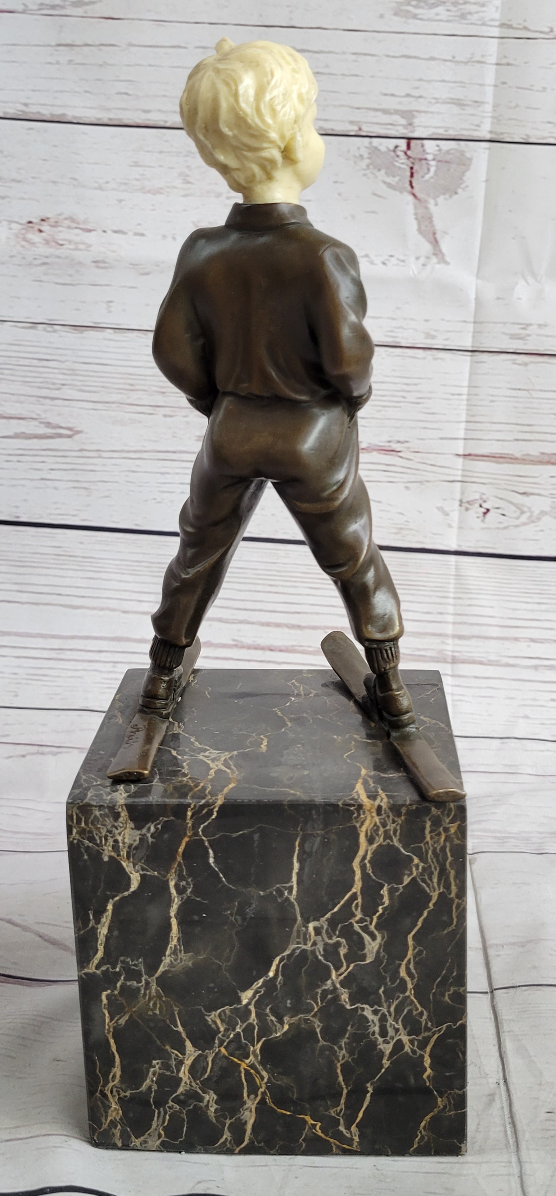 Little Boy on Skis Bronze Sculpture on Marble Base