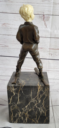 Little Boy on Skis Bronze Sculpture on Marble Base