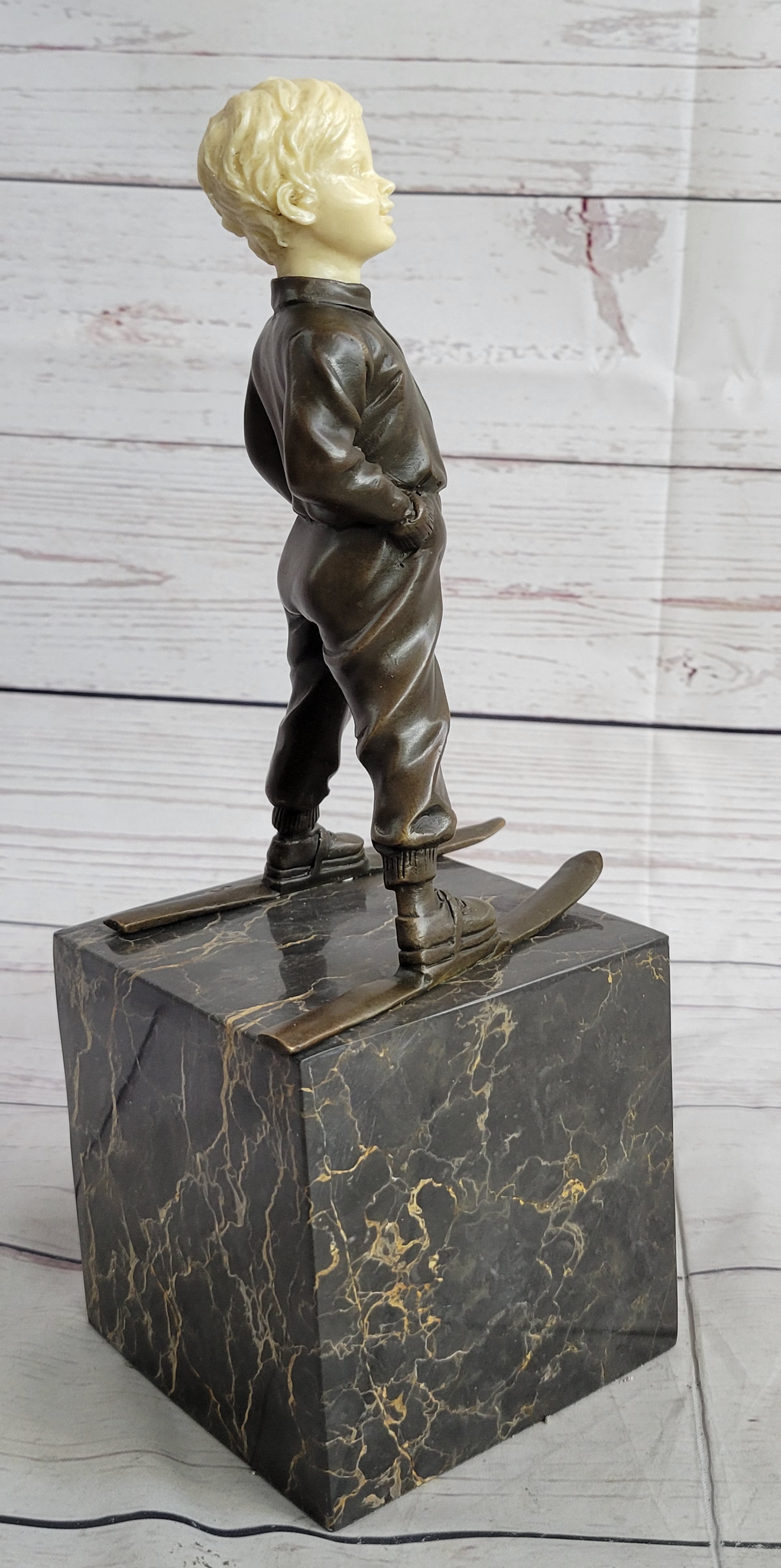 Little Boy on Skis Bronze Sculpture on Marble Base