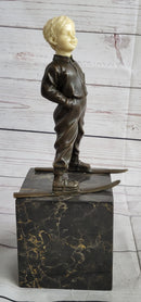 Little Boy on Skis Bronze Sculpture on Marble Base
