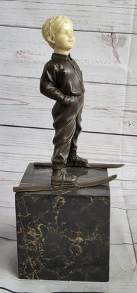 Little Boy on Skis Bronze Sculpture on Marble Base