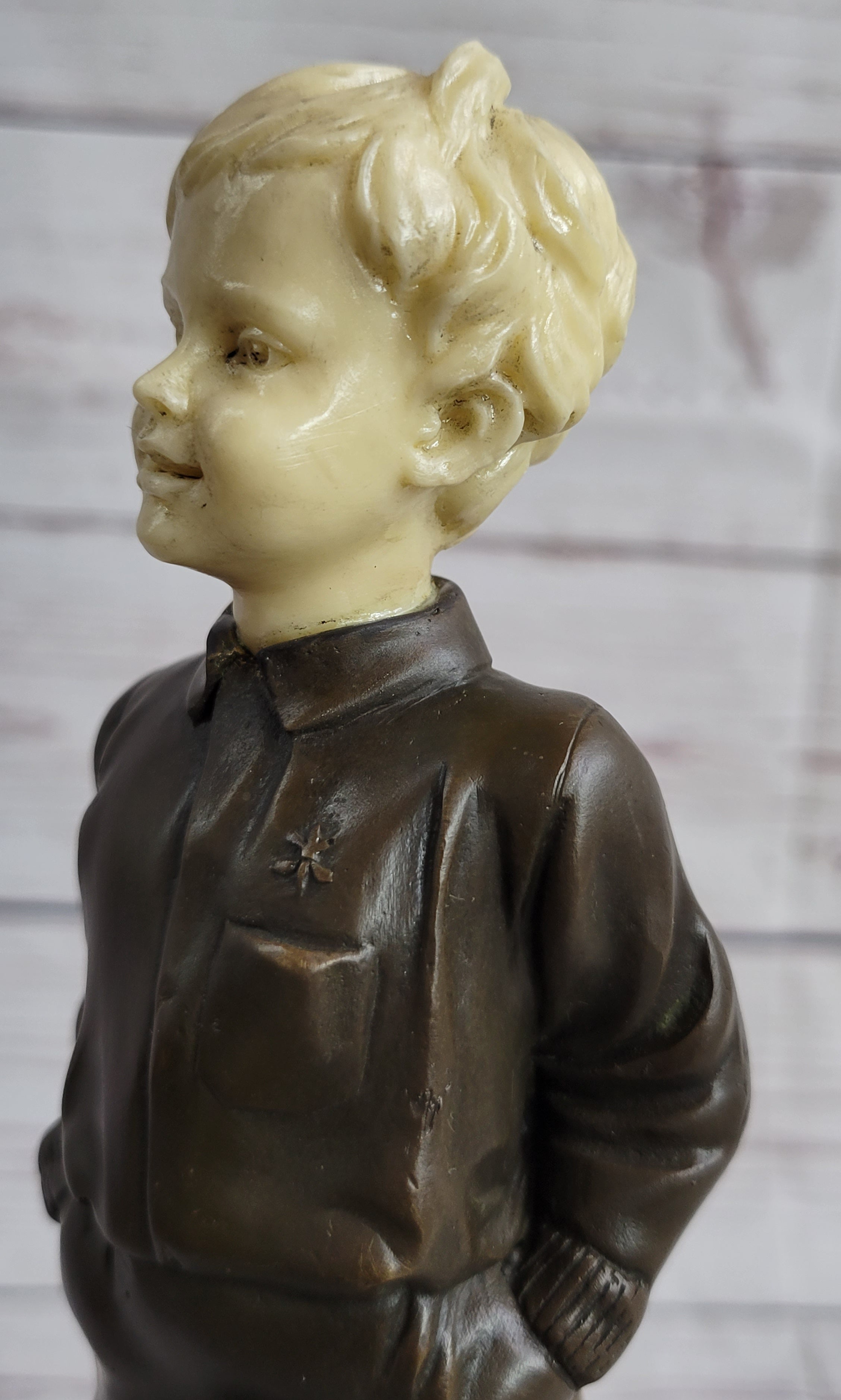 Little Boy on Skis Bronze Sculpture on Marble Base