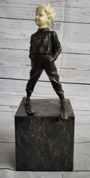 Little Boy on Skis Bronze Sculpture on Marble Base