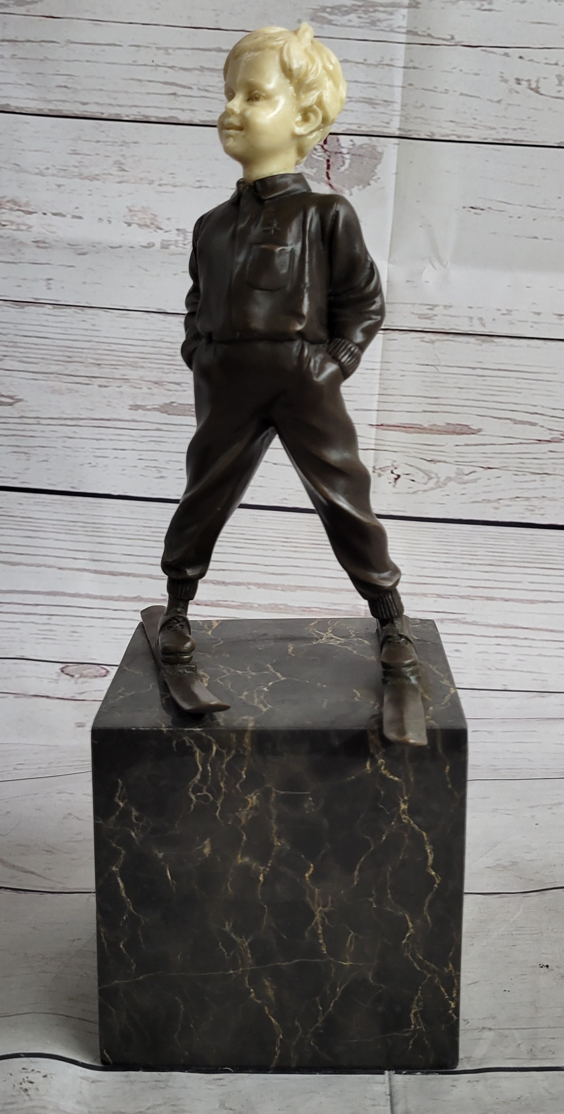 Little Boy on Skis Bronze Sculpture on Marble Base