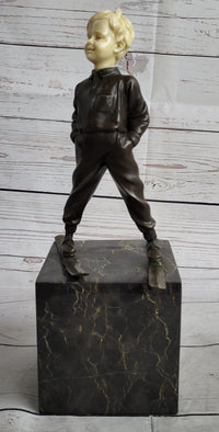 Little Boy on Skis Bronze Sculpture on Marble Base