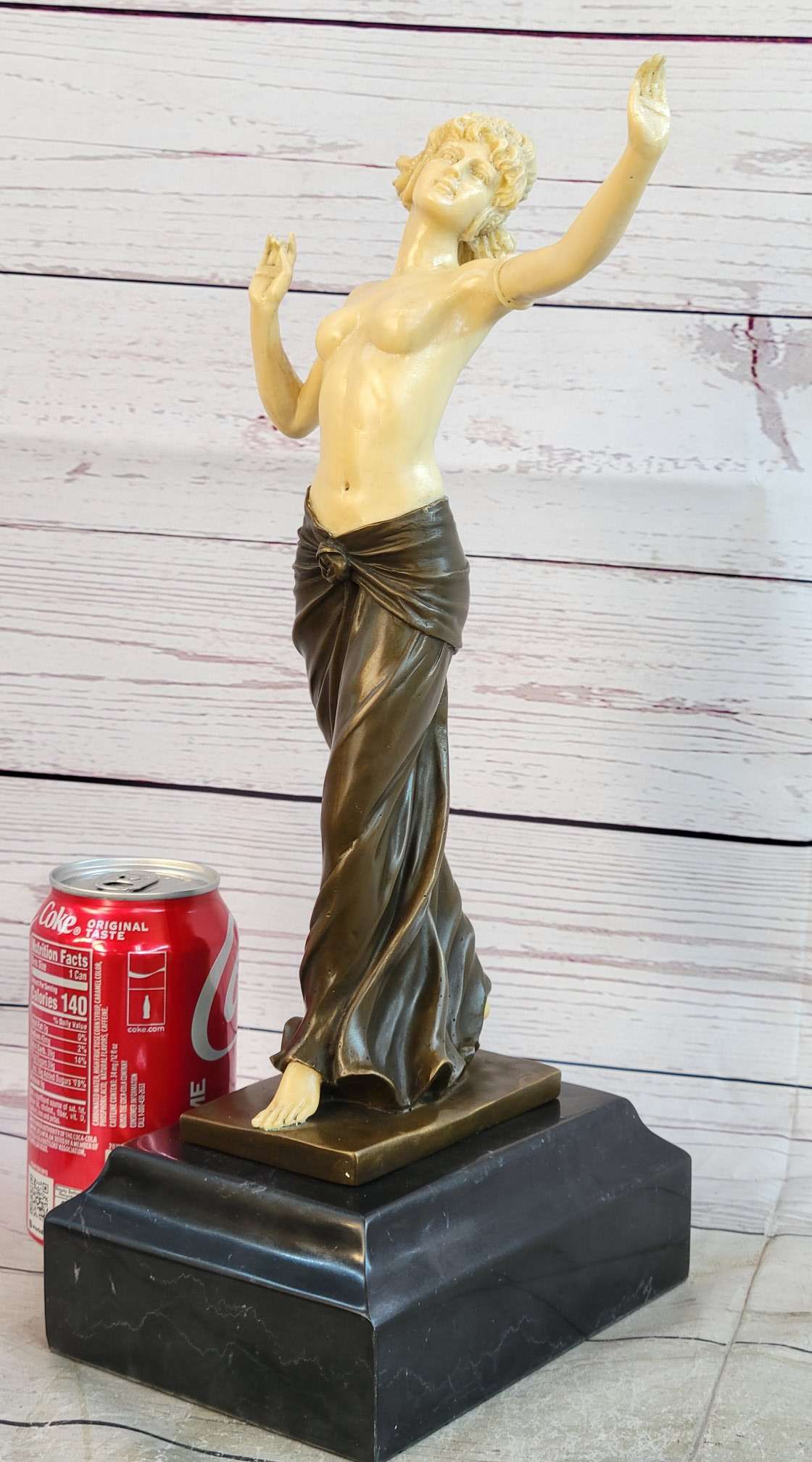 Topless Semi Nude Classical Bronze & Faux Bone Sculpture Statue Figure on Marble Base by Preiss