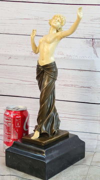 Topless Semi Nude Classical Bronze & Faux Bone Sculpture Statue Figure on Marble Base by Preiss