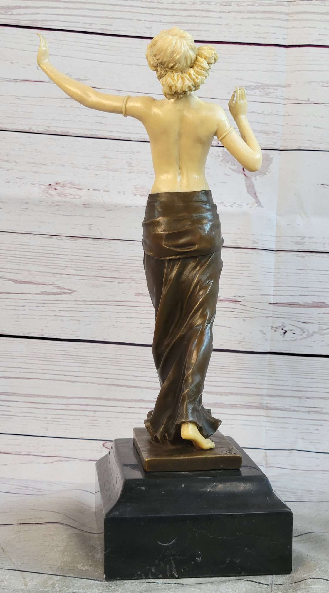 Topless Semi Nude Classical Bronze & Faux Bone Sculpture Statue Figure on Marble Base by Preiss