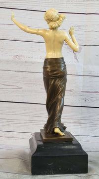 Topless Semi Nude Classical Bronze & Faux Bone Sculpture Statue Figure on Marble Base by Preiss
