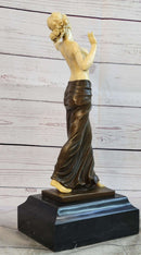 Topless Semi Nude Classical Bronze & Faux Bone Sculpture Statue Figure on Marble Base by Preiss