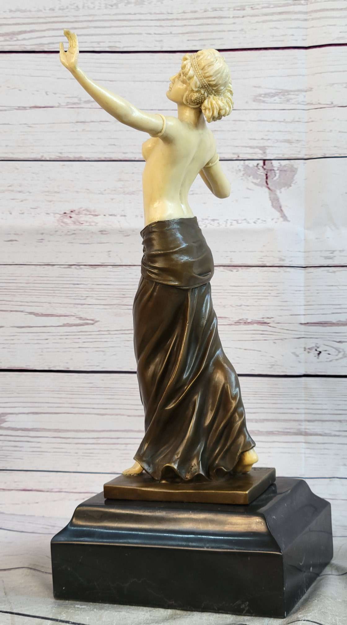 Topless Semi Nude Classical Bronze & Faux Bone Sculpture Statue Figure on Marble Base by Preiss