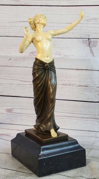 Topless Semi Nude Classical Bronze & Faux Bone Sculpture Statue Figure on Marble Base by Preiss