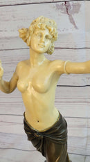 Topless Semi Nude Classical Bronze & Faux Bone Sculpture Statue Figure on Marble Base by Preiss