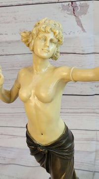 Topless Semi Nude Classical Bronze & Faux Bone Sculpture Statue Figure on Marble Base by Preiss