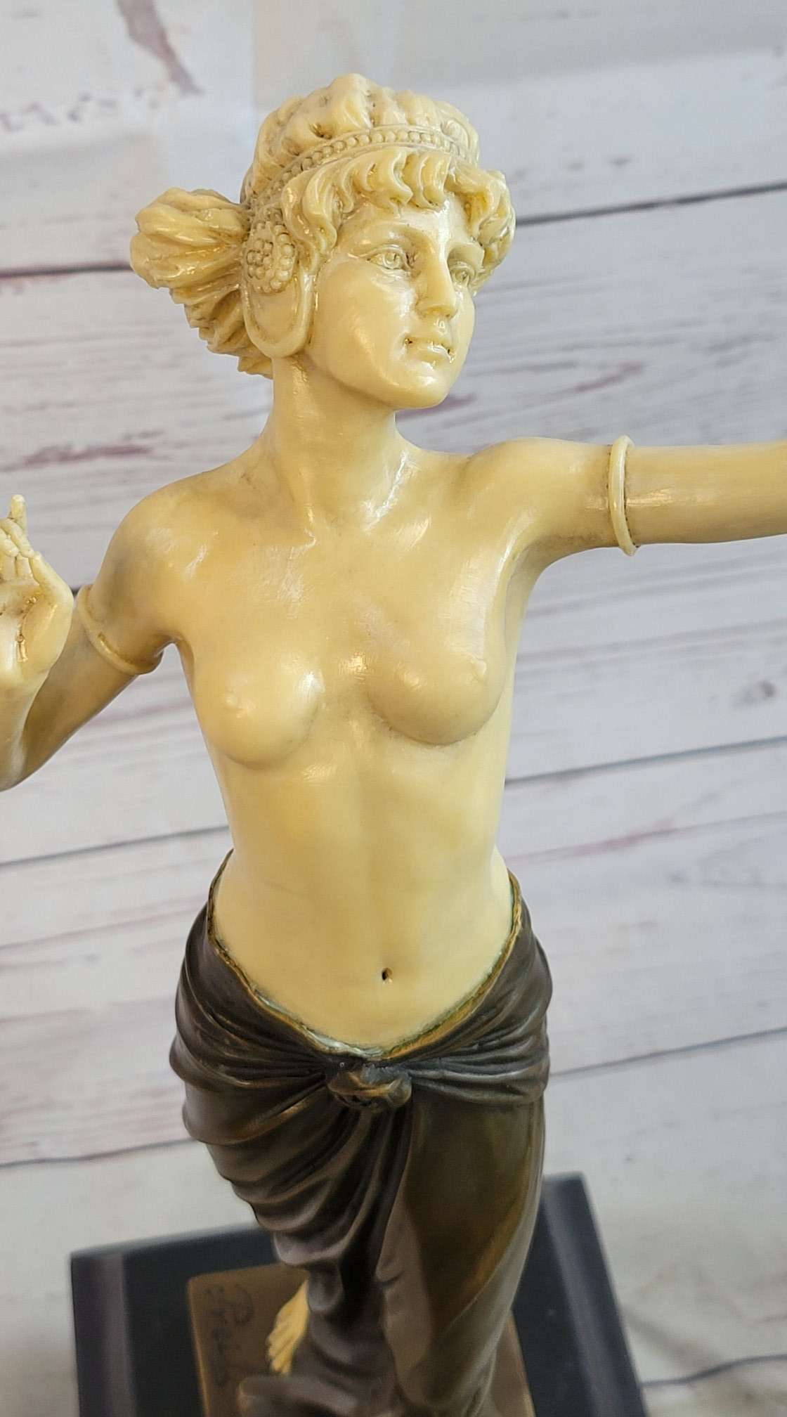 Topless Semi Nude Classical Bronze & Faux Bone Sculpture Statue Figure on Marble Base by Preiss