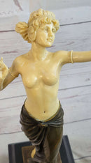 Topless Semi Nude Classical Bronze & Faux Bone Sculpture Statue Figure on Marble Base by Preiss