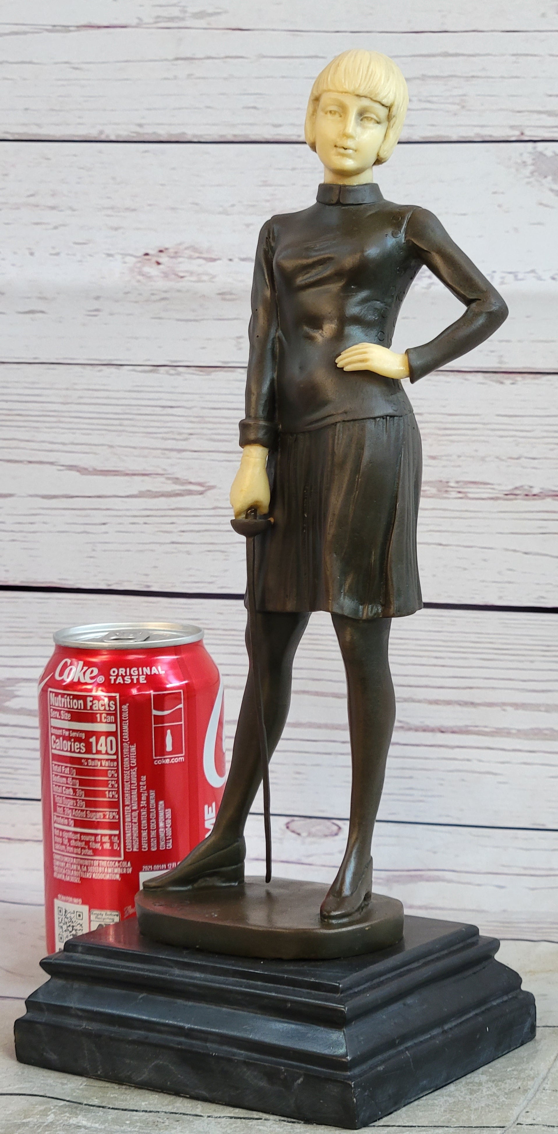 Hot Cast Bronze Female Fencer on Marble Base