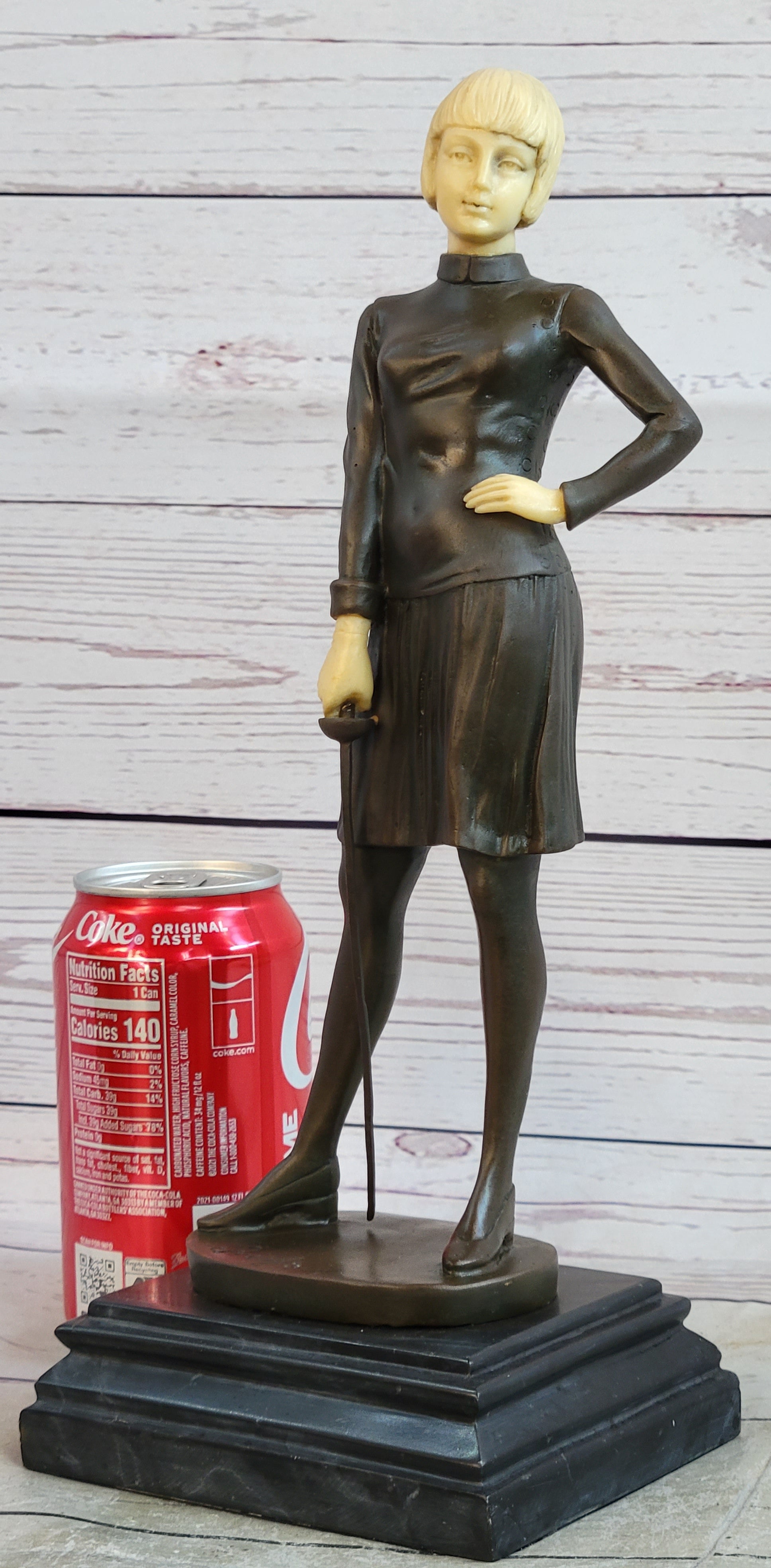 Hot Cast Bronze Female Fencer on Marble Base