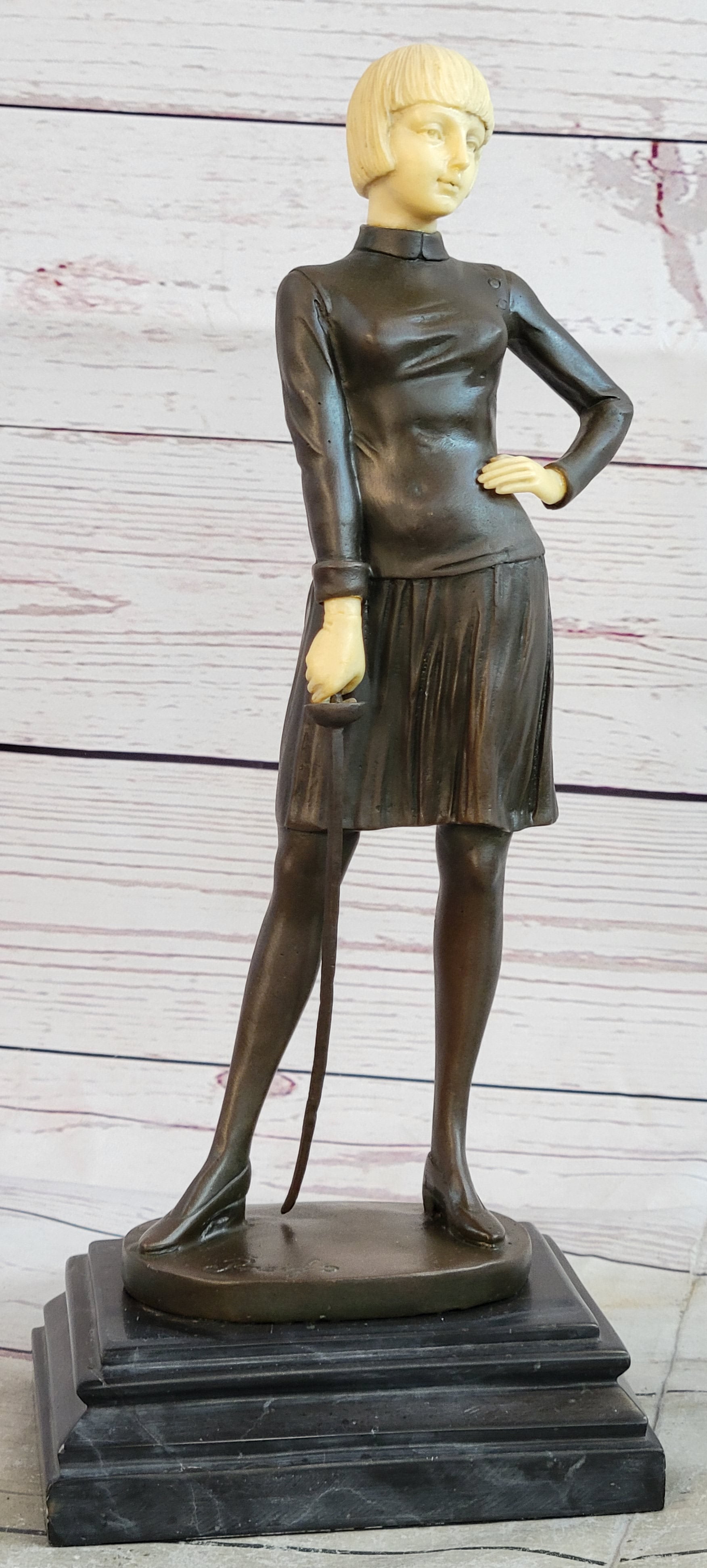 Hot Cast Bronze Female Fencer on Marble Base
