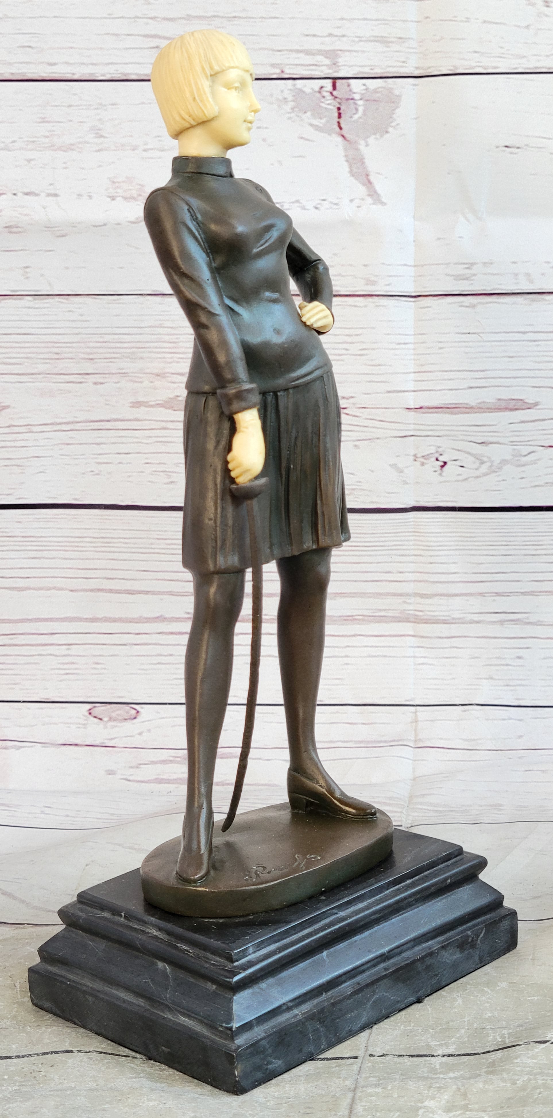 Hot Cast Bronze Female Fencer on Marble Base