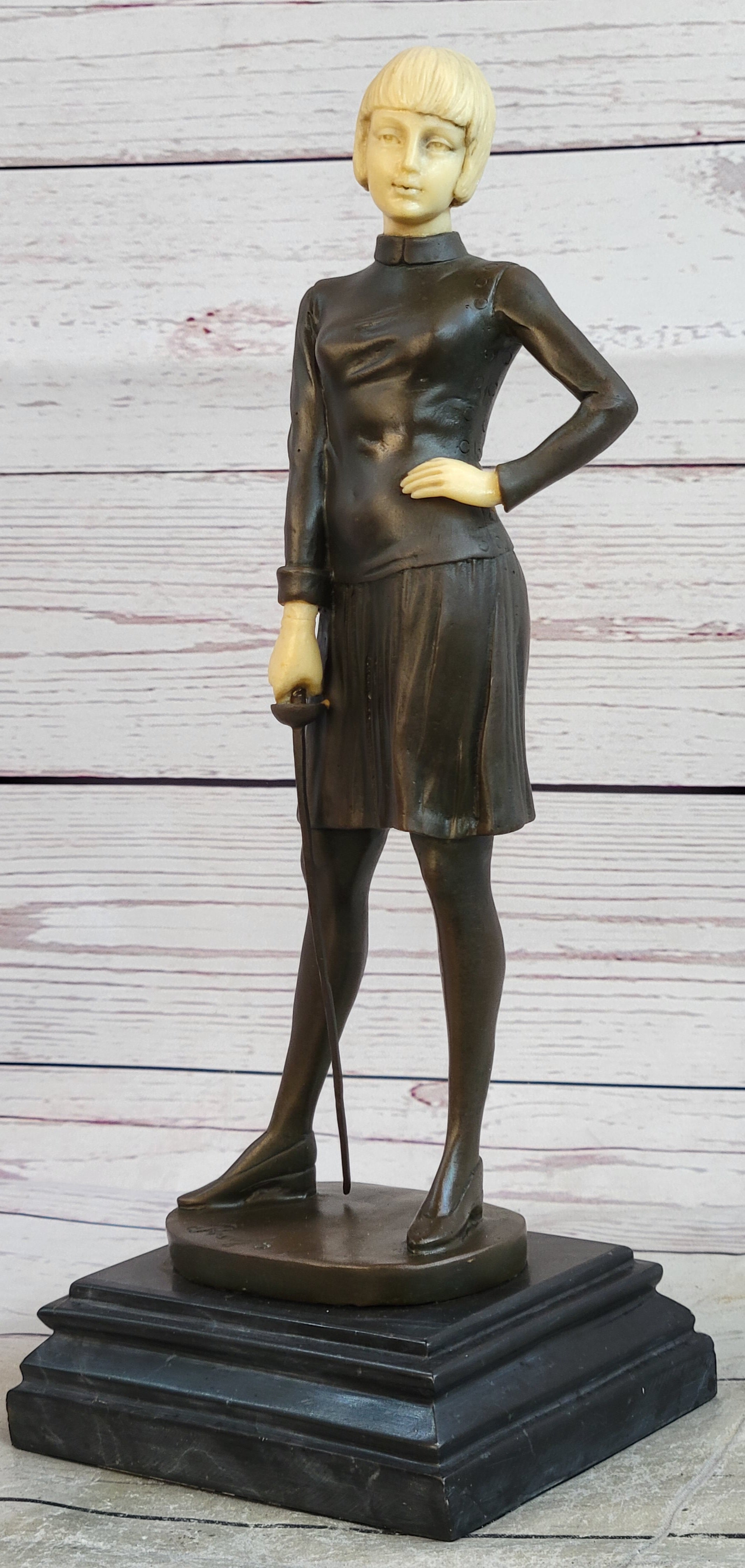 Hot Cast Bronze Female Fencer on Marble Base