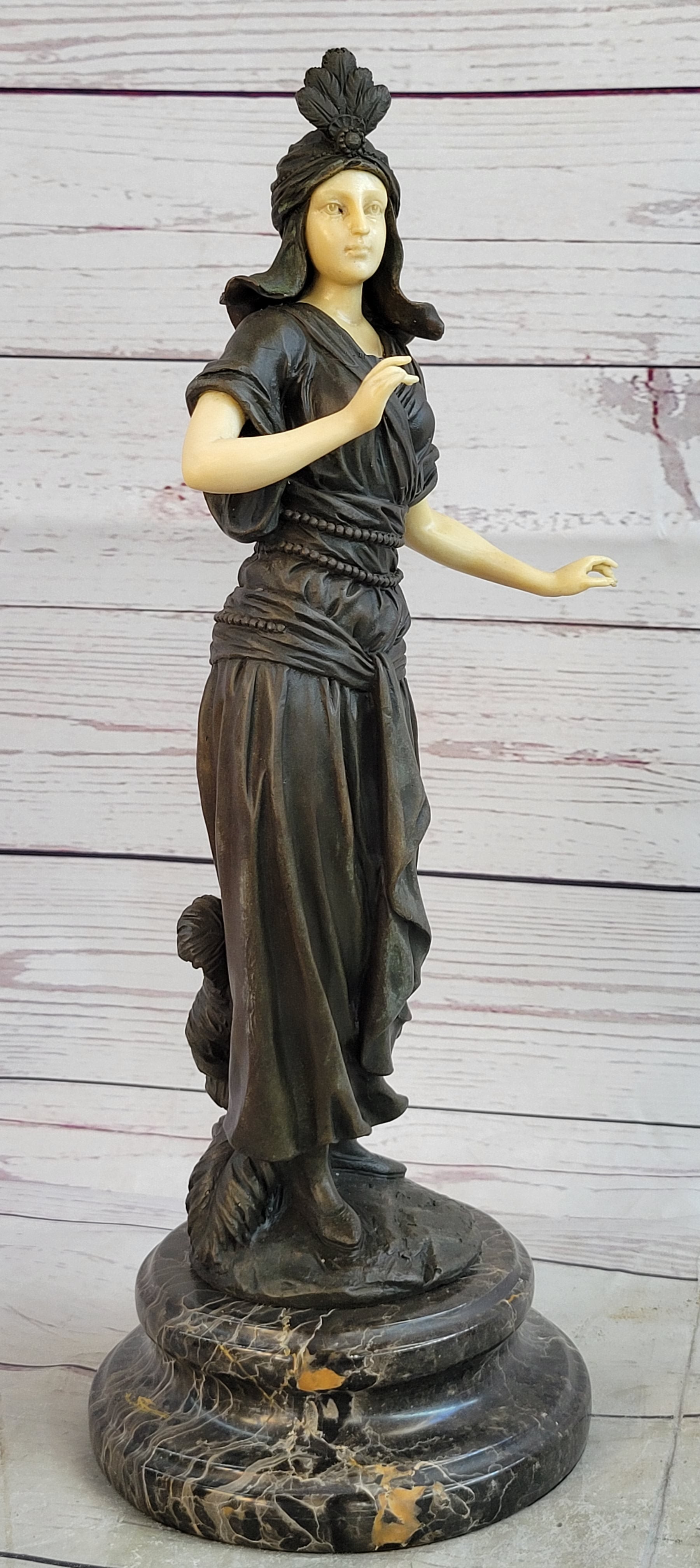 Art Deco Bronze Faux Bone Turkish Princess Sculpture Brown Marble Base