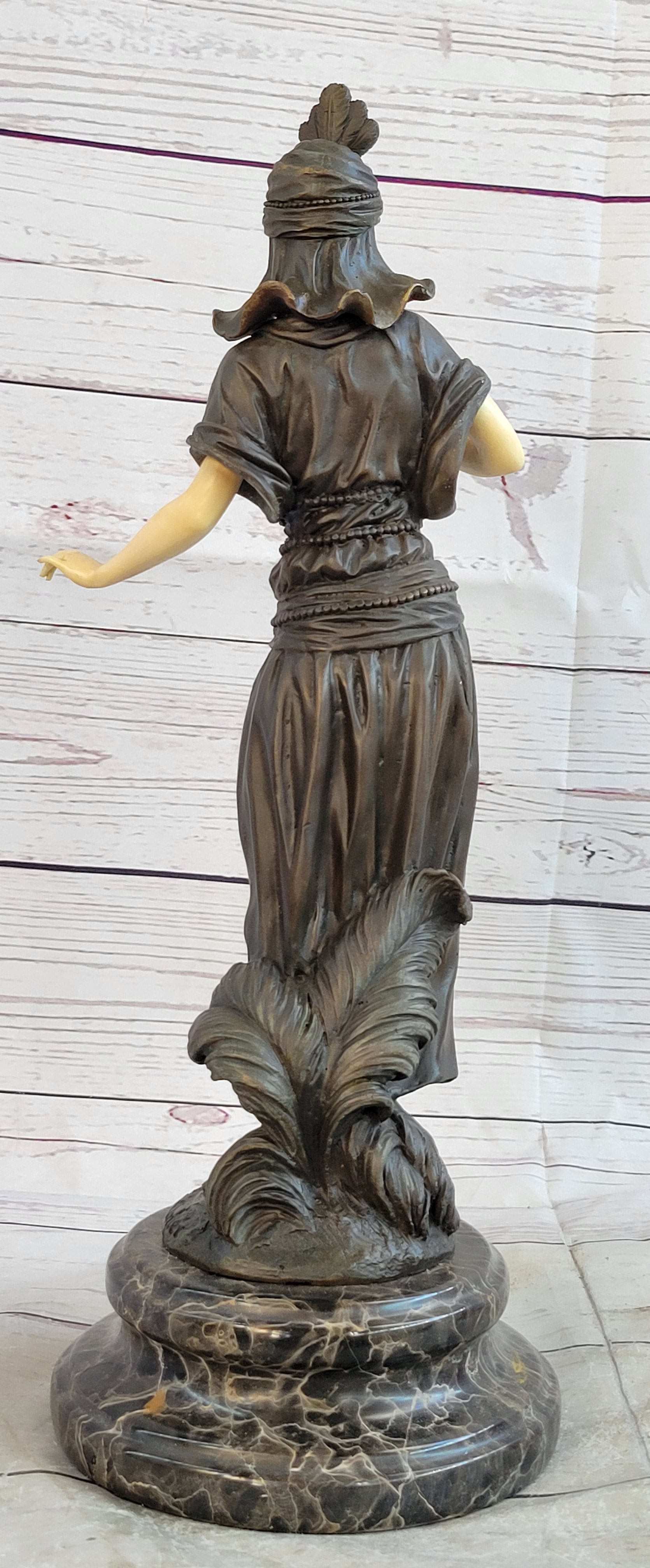 Art Deco Bronze Faux Bone Turkish Princess Sculpture Brown Marble Base