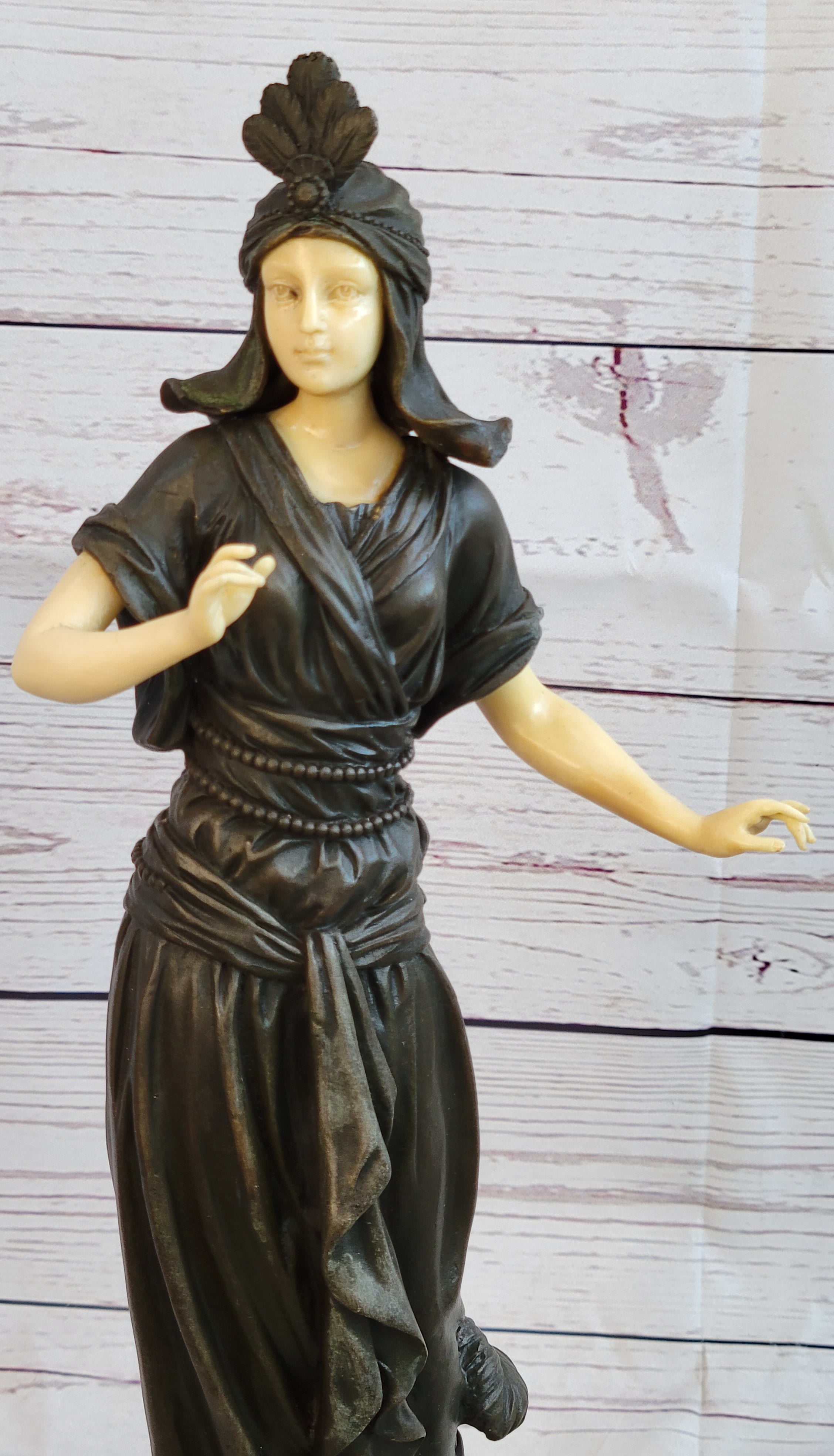 Art Deco Bronze Faux Bone Turkish Princess Sculpture Brown Marble Base