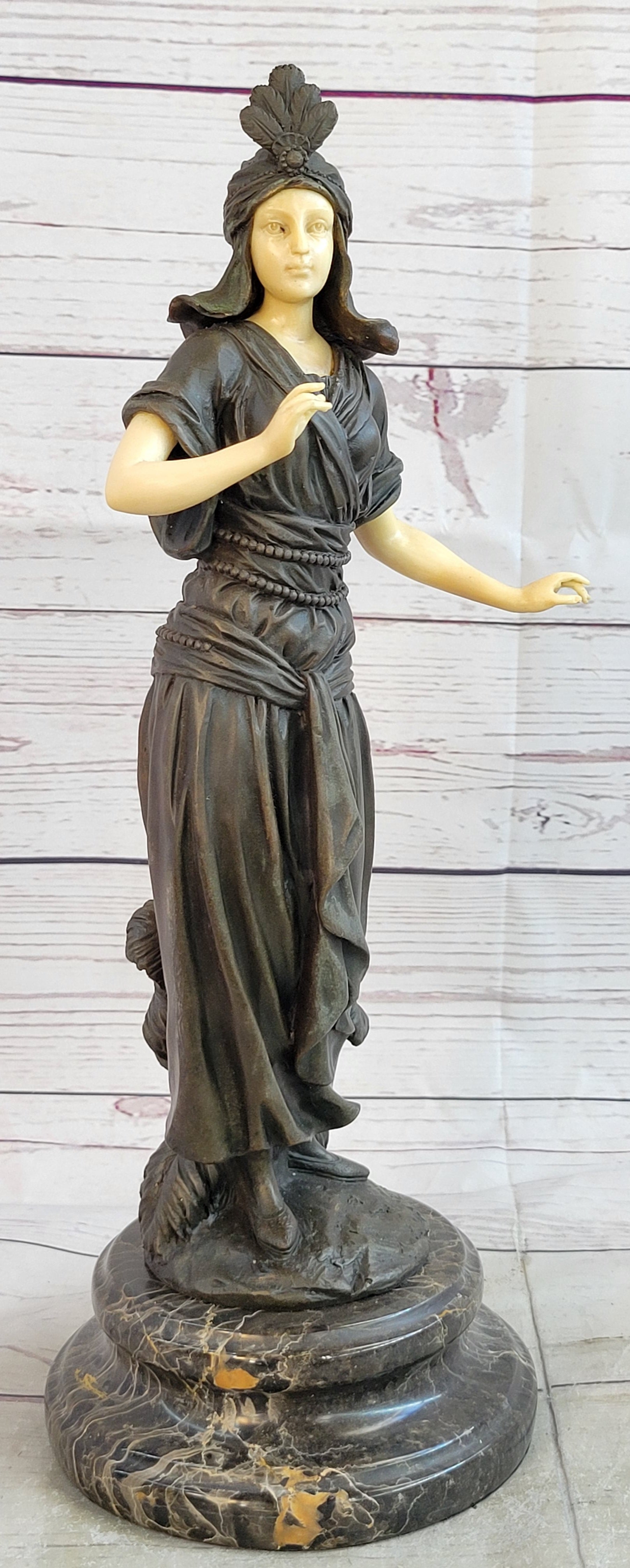 Art Deco Bronze Faux Bone Turkish Princess Sculpture Brown Marble Base