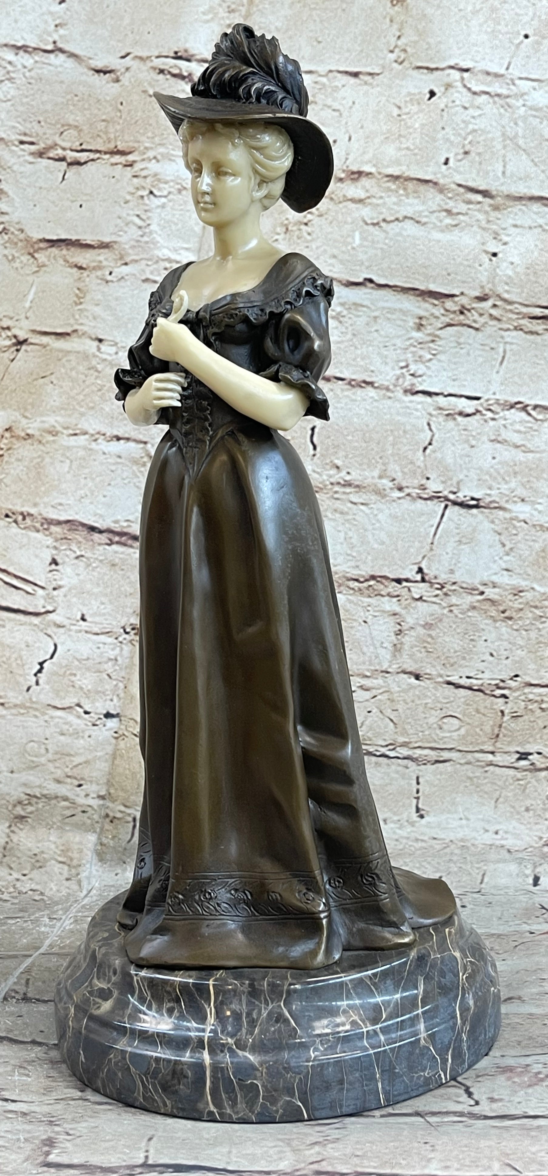 Victorian Era Woman in Hat Bronze Metal Art Deco Sculpture