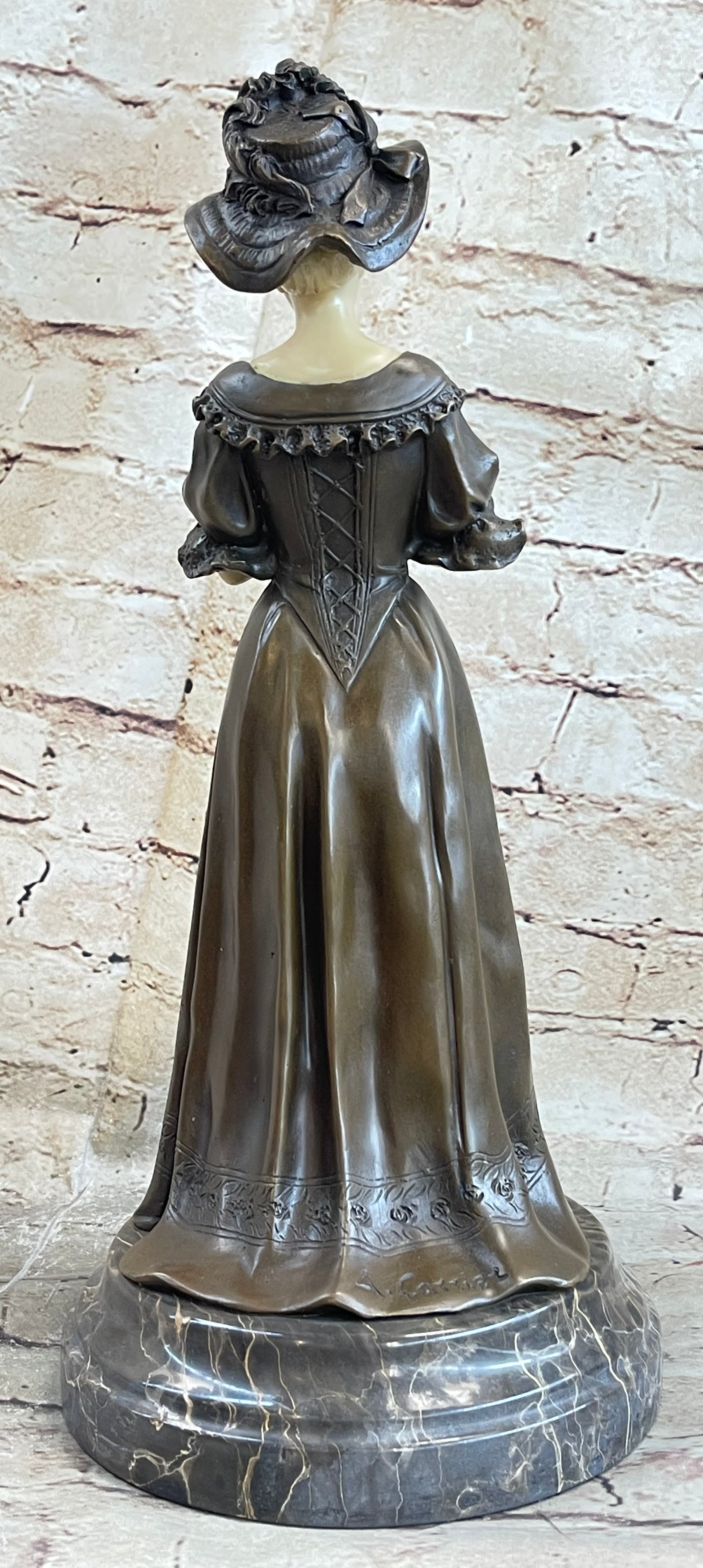 Victorian Era Woman in Hat Bronze Metal Art Deco Sculpture