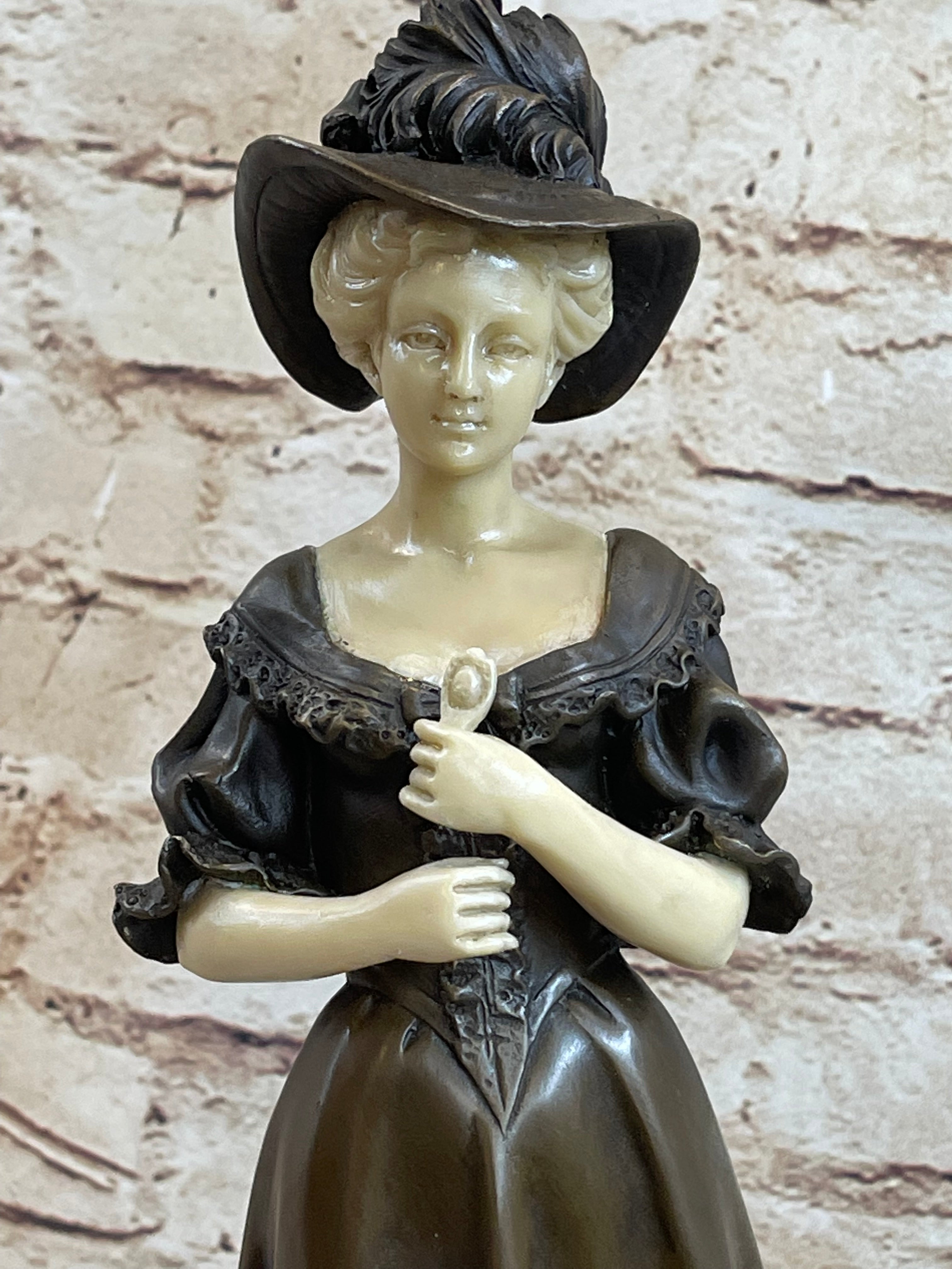 Victorian Era Woman in Hat Bronze Metal Art Deco Sculpture