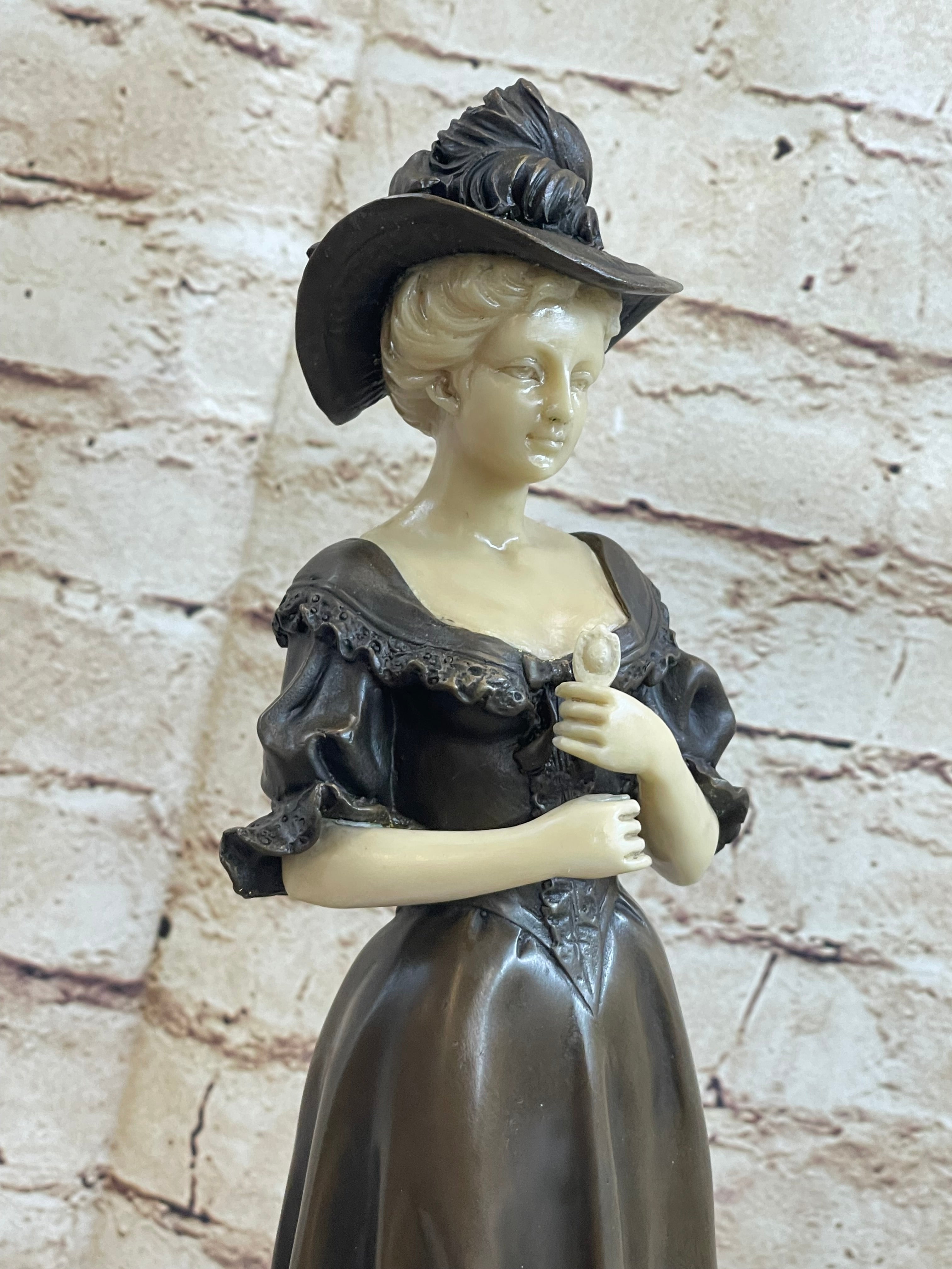 Victorian Era Woman in Hat Bronze Metal Art Deco Sculpture