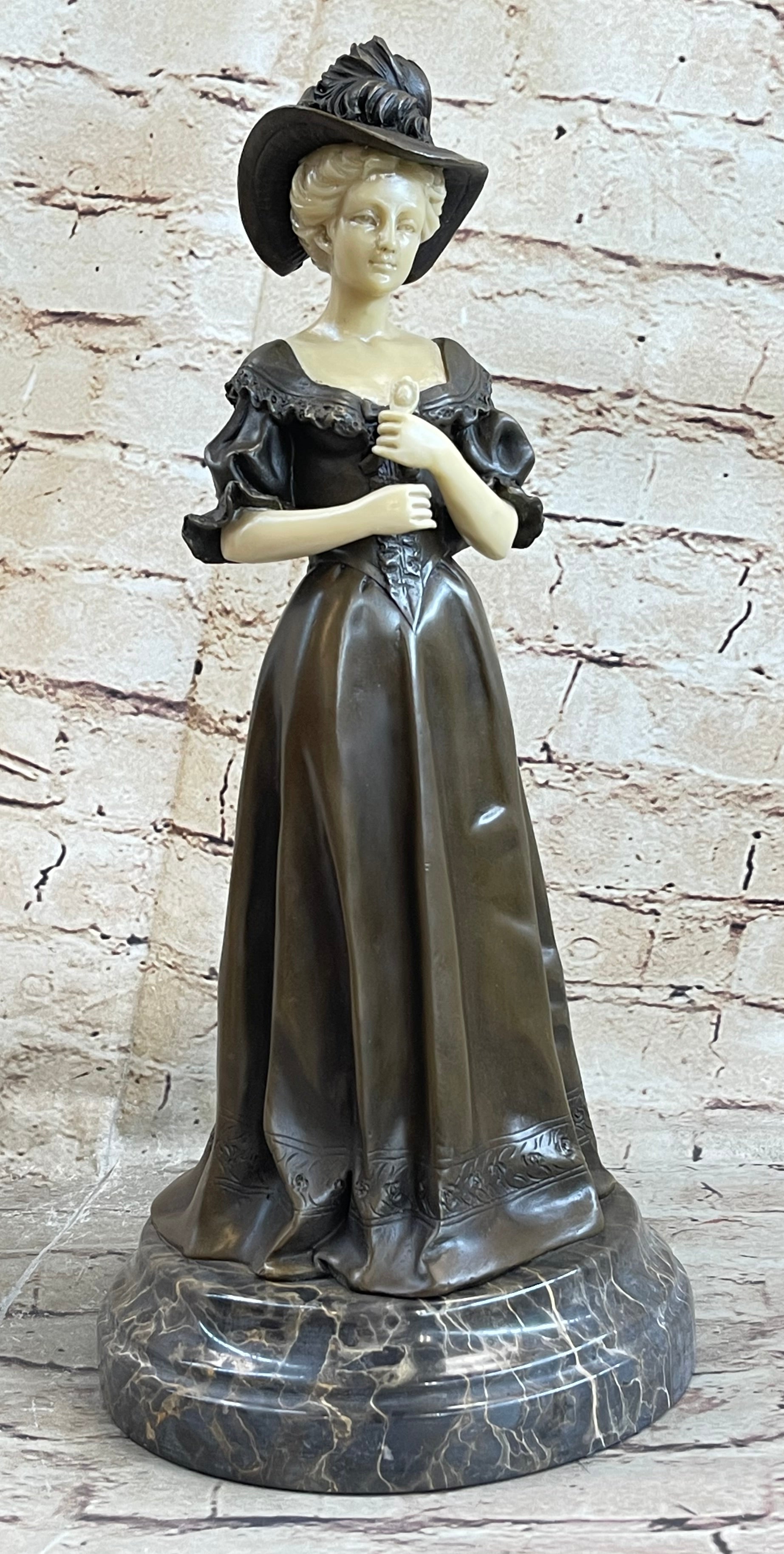 Victorian Era Woman in Hat Bronze Metal Art Deco Sculpture