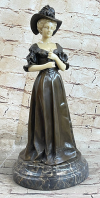 Victorian Era Woman in Hat Bronze Metal Art Deco Sculpture