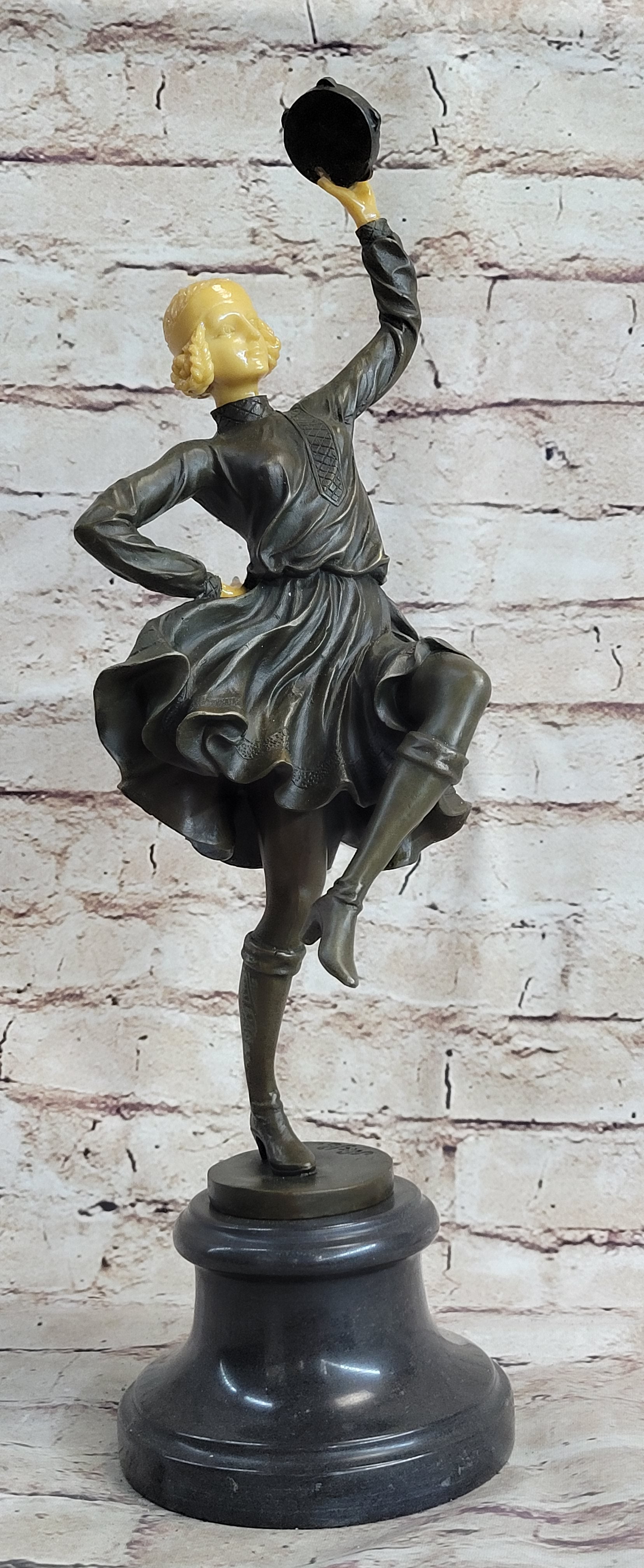 Russian Tambourine Dancer Bronze & Resin Sculpture Marble Base